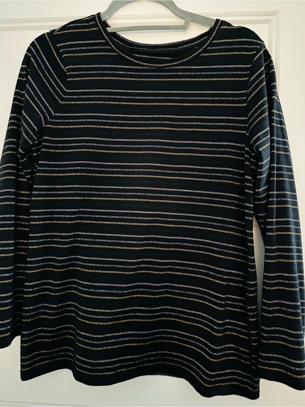 Black Long Sleeve Top with Metallic Silver and Gold Stripes